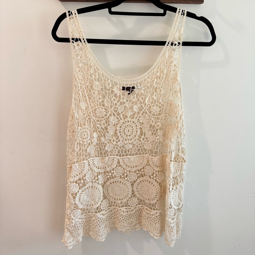 Fever Bohemian Cream Floral Crochet Lace‎ Tank Top Large